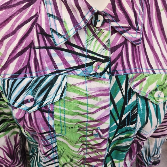 Margaret Frances Floral Top Jacket Size 14 Linen Button Purple‎ Lime Teal Tones - Picture 10 of 11
